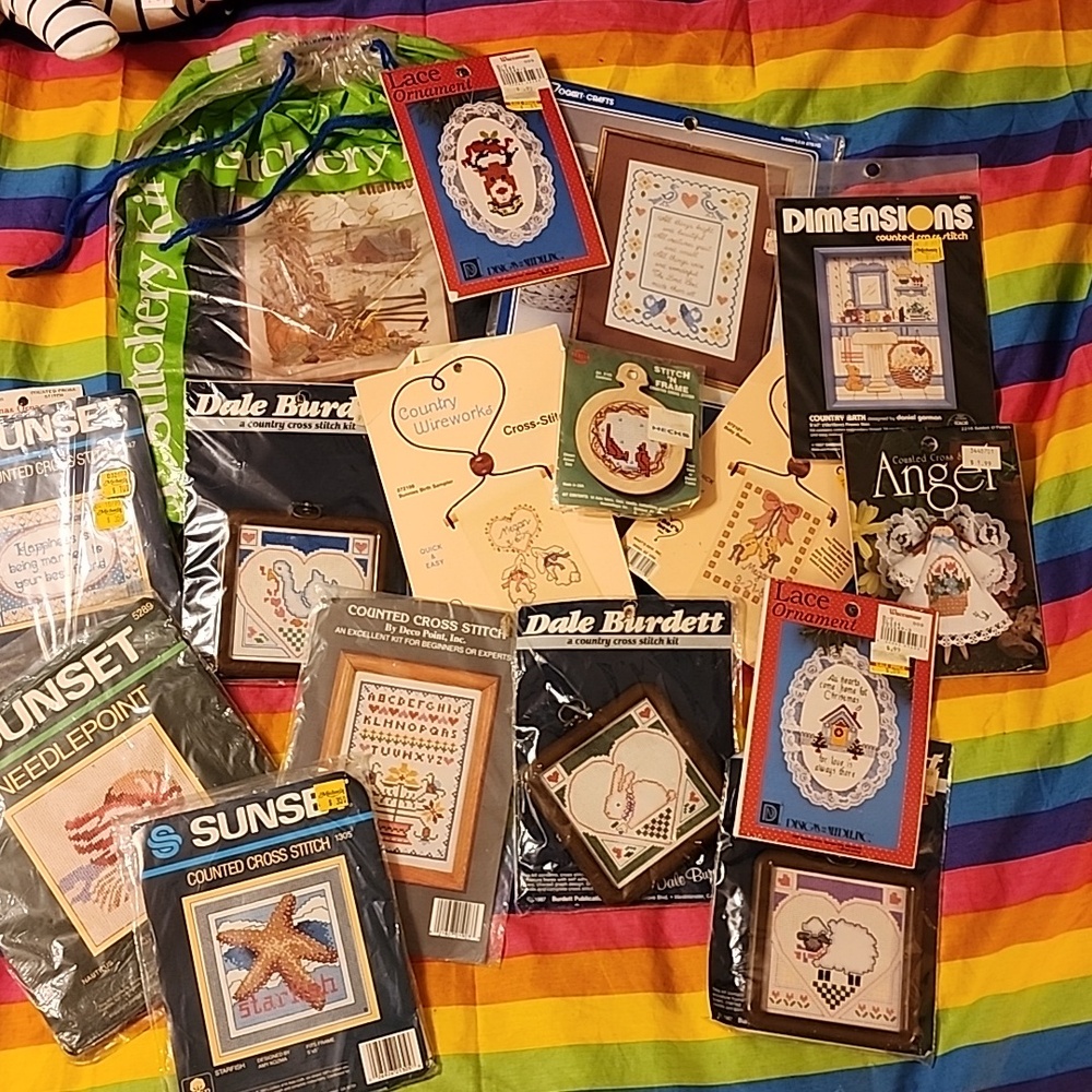 Lot of vintage 80s 90s cross stitch and needlepoint kits